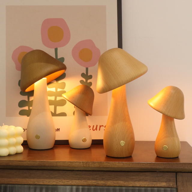 Elegante colección de lámparas de mesa de champiñones de madera