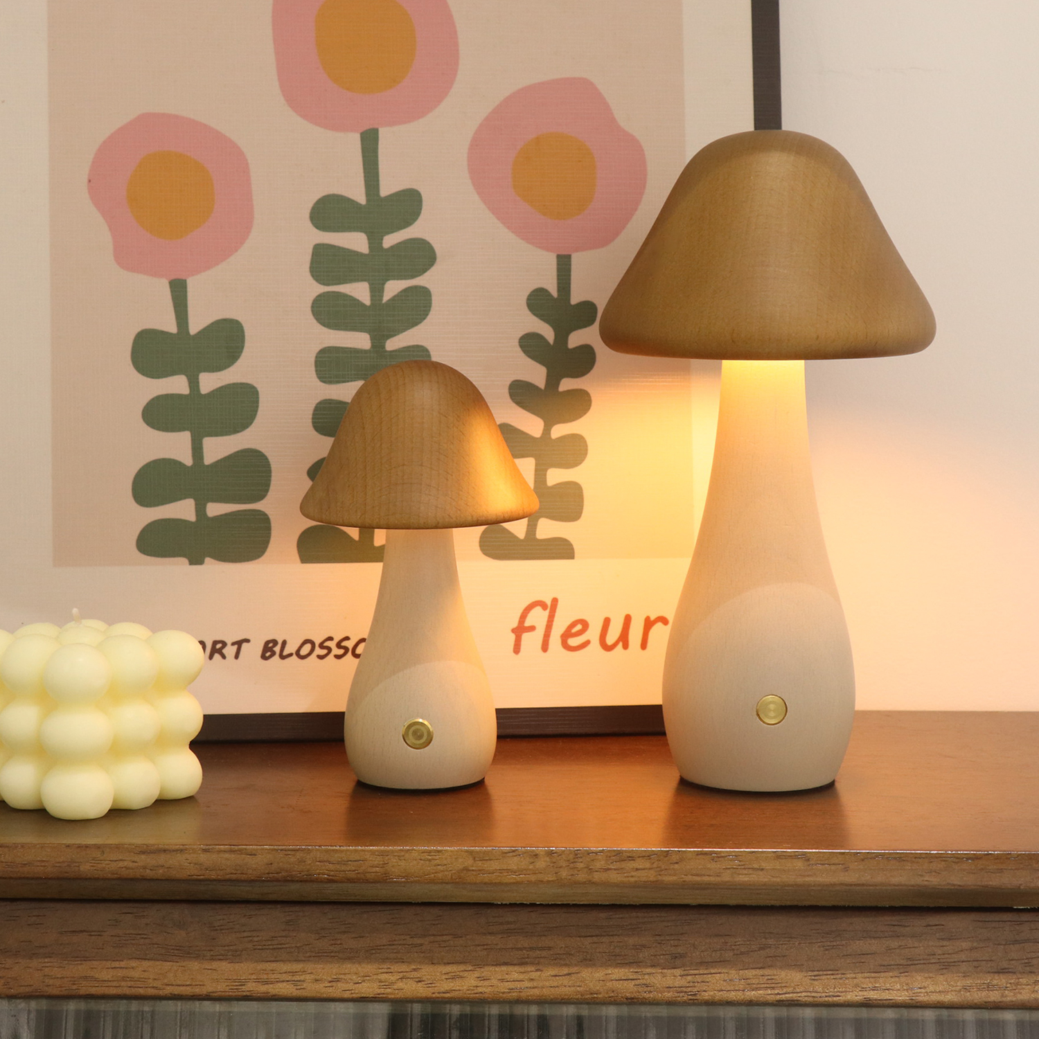 Elegante colección de lámparas de mesa de champiñones de madera