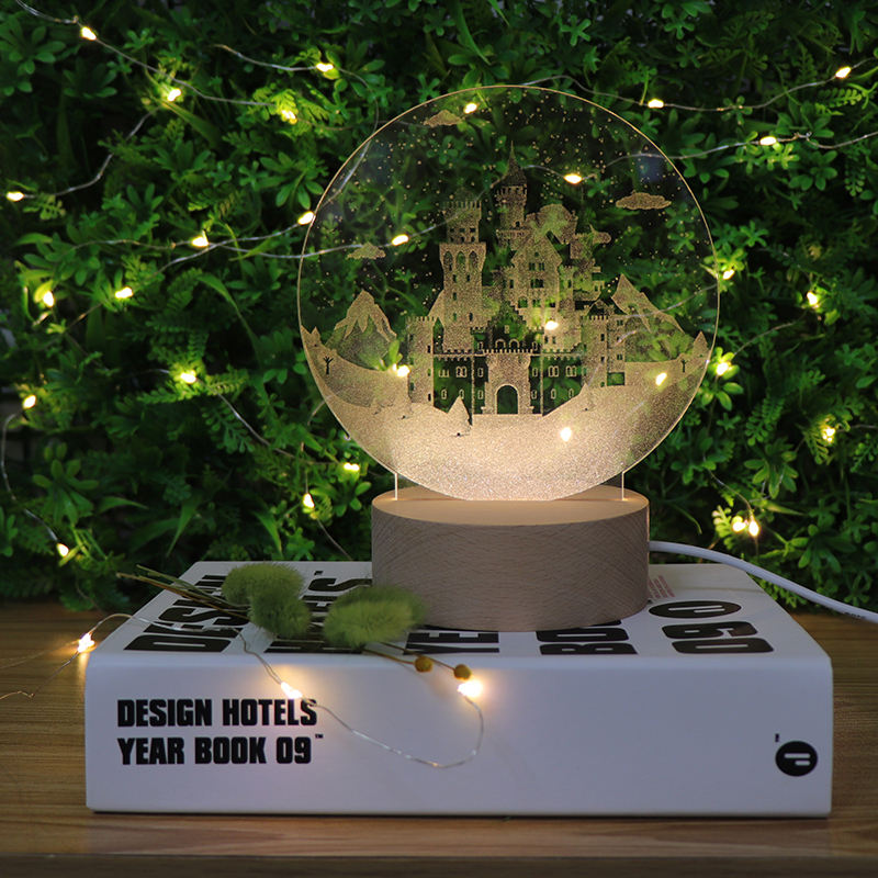 Diseño creativo de regalo Castle Castle Acrílico tallado dentro de la lámpara de escritorio