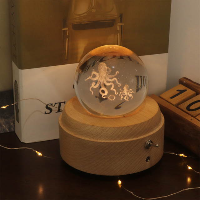 Lámpara de noche de baile de cristal de animales de mar 3d con caja de música