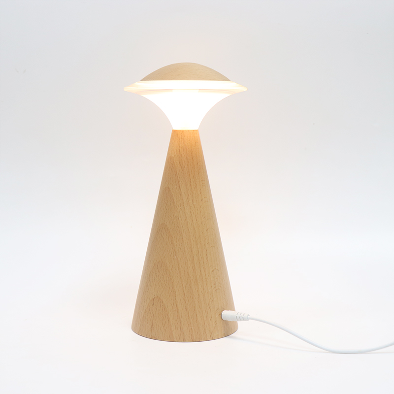 USB Forma de platillo volador de madera recargable Pequeña lámpara de mesa